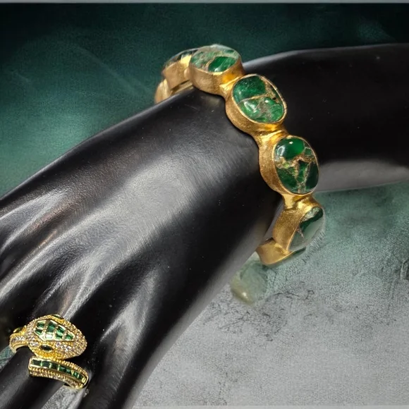 24k Gold Plated Chunky Natural Green Mohave Turquoise Artisan Cuff Bracelet - Picture 6 of 6